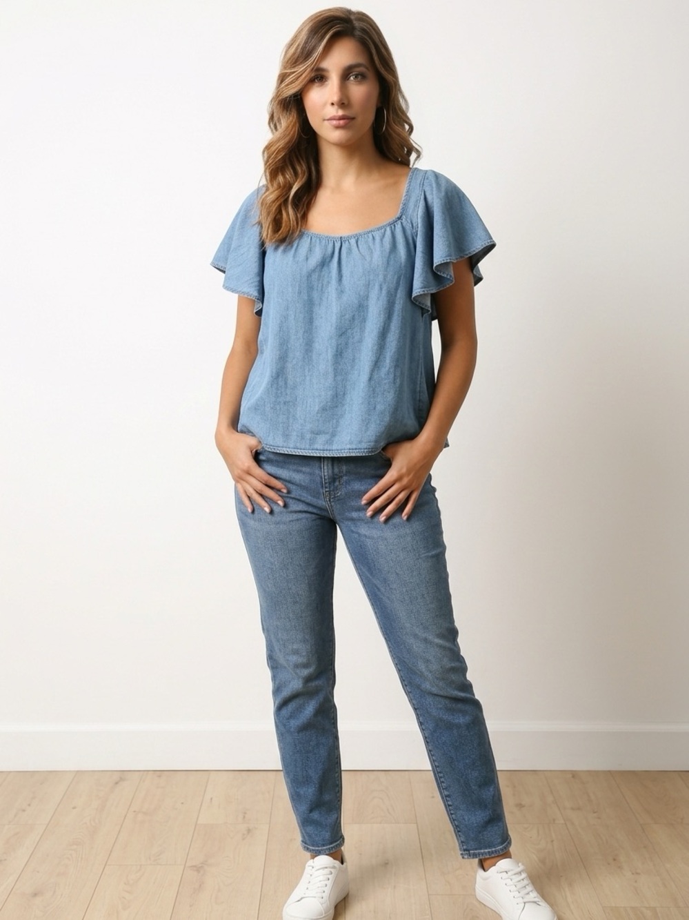 Old Navy Light Blue Denim Flutter-Sleeve Top
